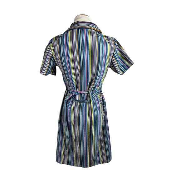 Handmade 60s 70s Striped Tie Waist Shirt Dress Medium Buttons Blue And Green - Picture 5 of 5